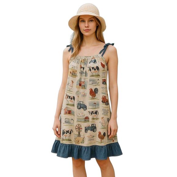 Handmade Dresses & Skirts - Dress Handmade Country Farm Animal Print  Denim Ruffle Hem & Shoulder Sundress